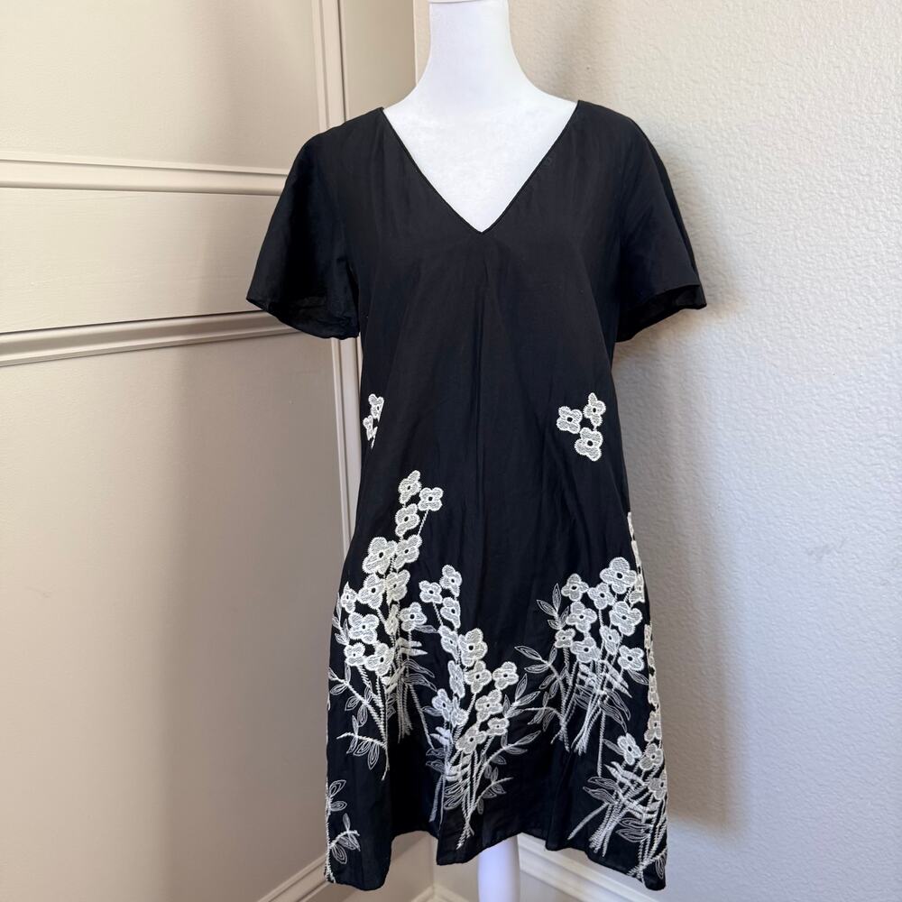 Corey Lynn Calter Black White Floral Embroidered V-Neck Cotton Midi Dress Sz M